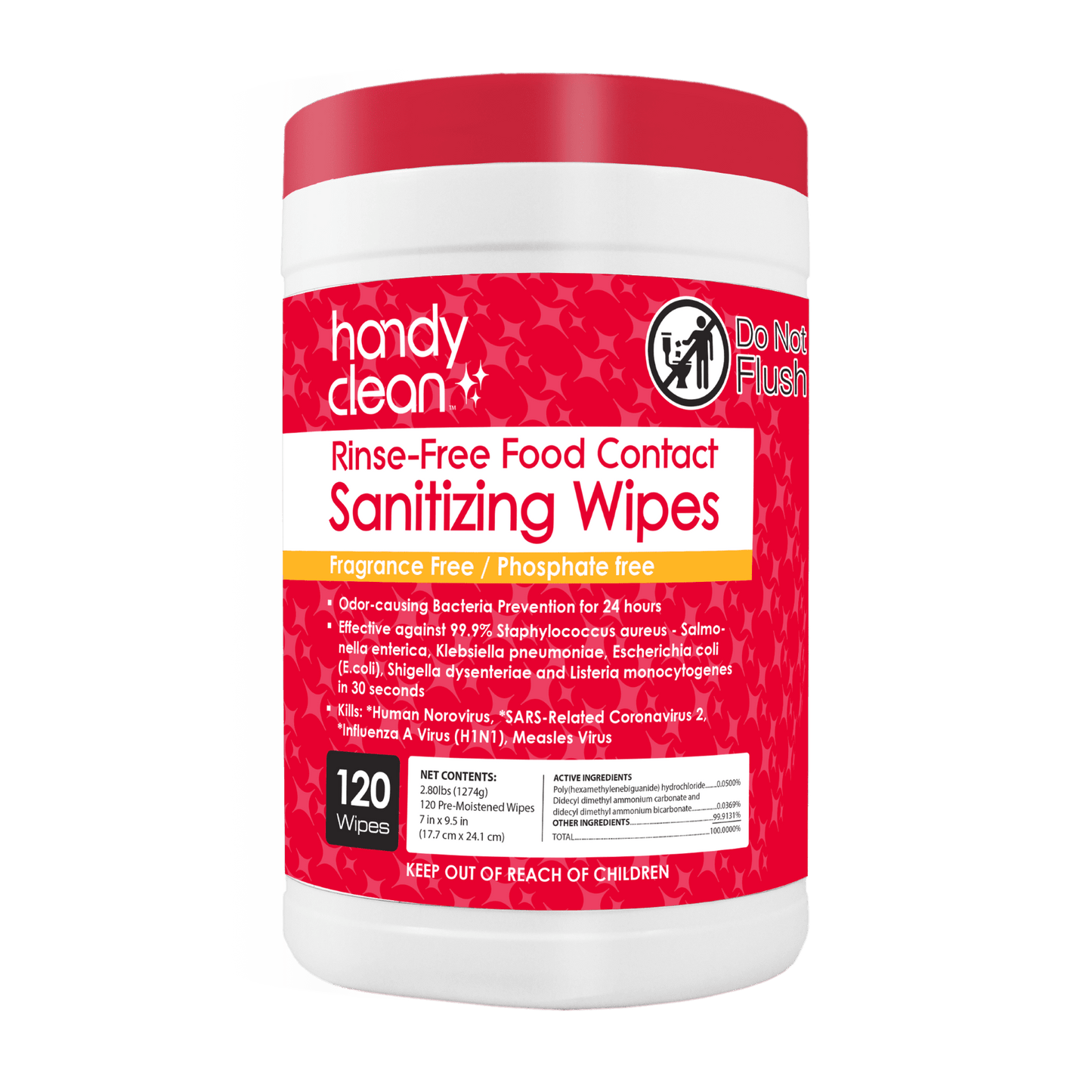 Handyclean rinse-free sanitizing wipes 120-count canister — EPA-re
gistered food contact safe for sanitation stations