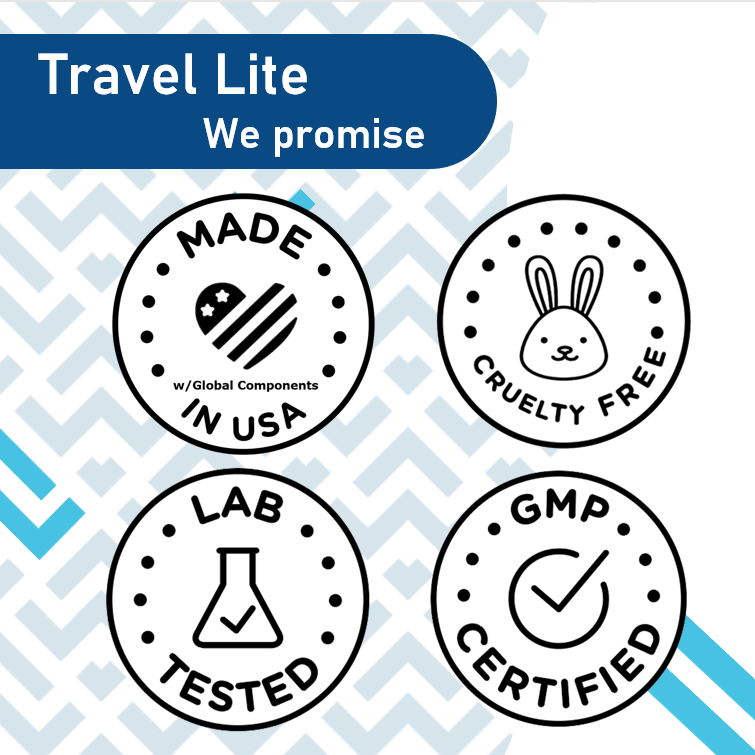 A blue travel-sized hand sanitizing wipe packet with white wave patterns and product information.