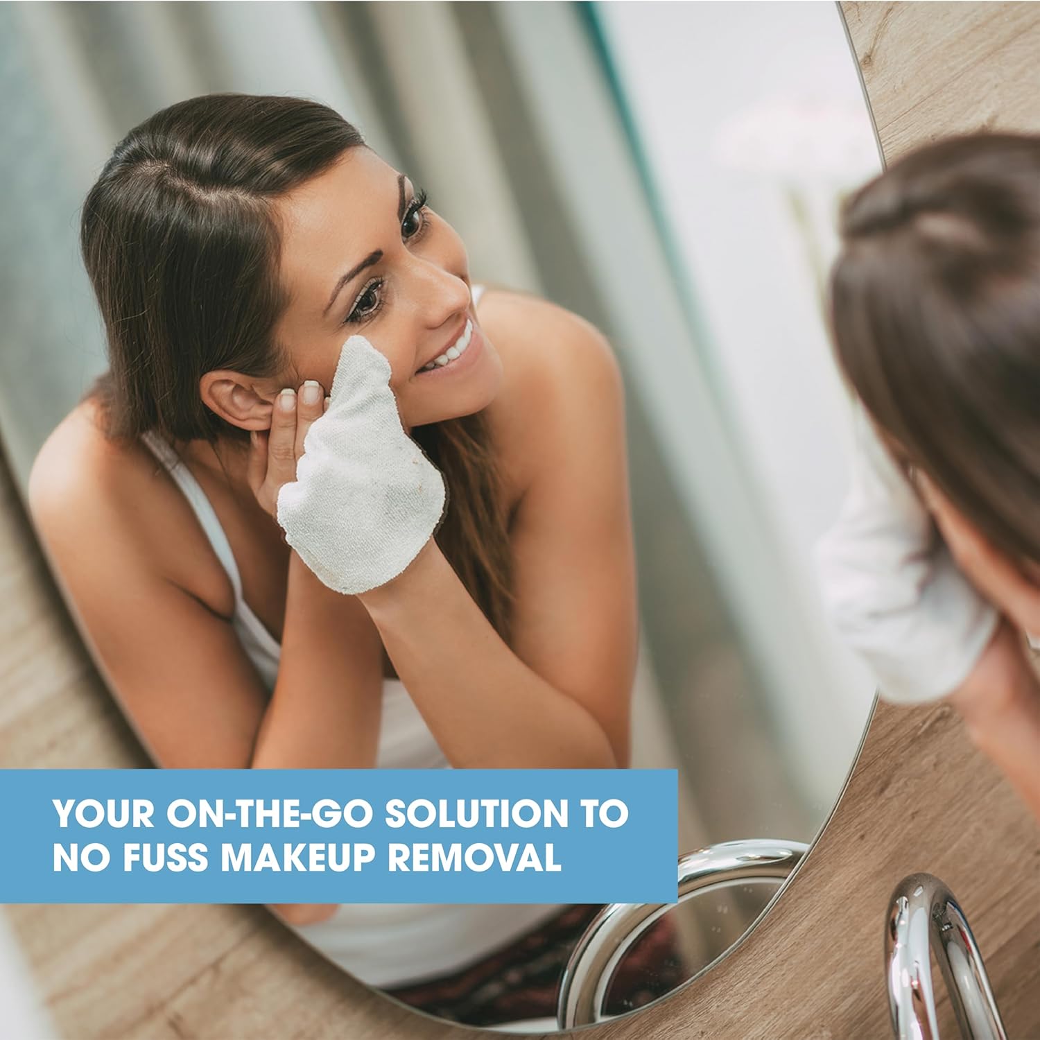 Packaging of Diamond Wipes Cleansing and Makeup Remover Wipes with Vitamin E, alcohol-free. shows a smiling woman using a wipe on her face.