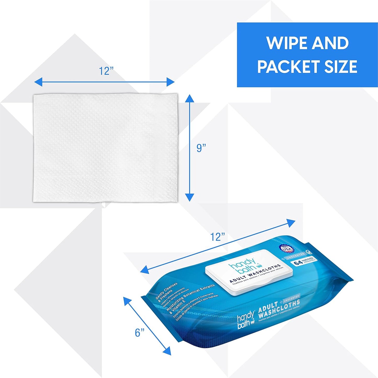 Handybath adult washcloth size comparison — large format for full-body no-rinse cleansing without a shower