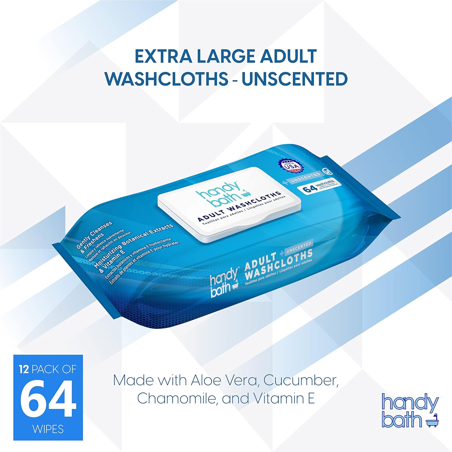 A pouch of Handybath® Adult Washcloths, extra large unscented wipes designed for no-rinse cleansing, with product information visible on the packaging.