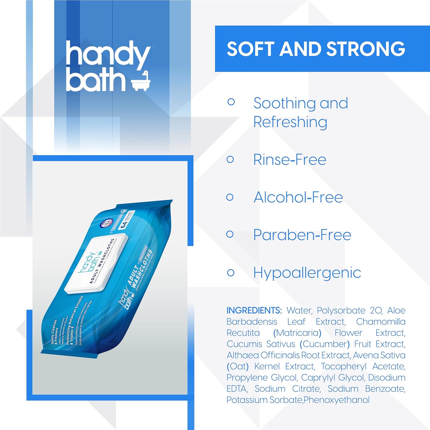 A pouch of Handybath® Adult Washcloths, extra large unscented wipes designed for no-rinse cleansing, with product information visible on the packaging.
