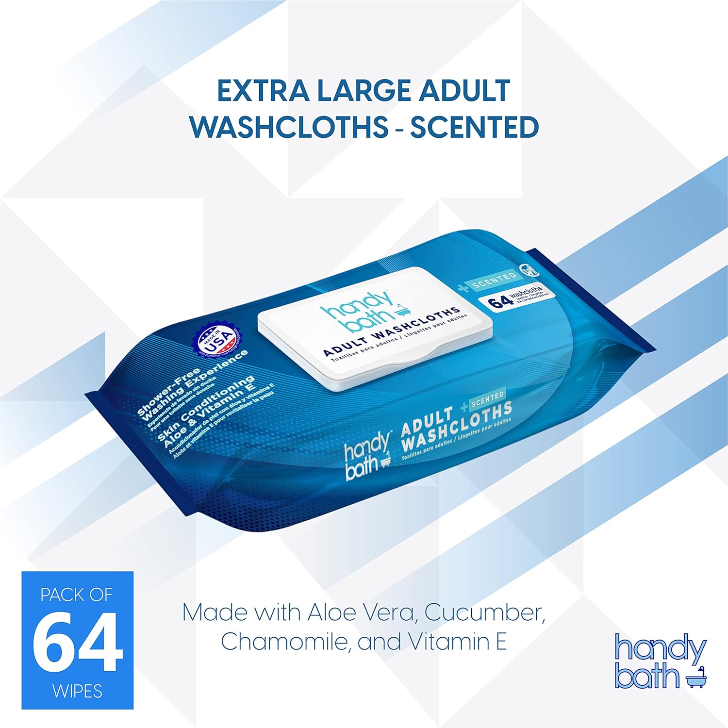 A pouch of Handybath® Adult Washcloths, extra large scented wipes designed for no-rinse cleansing, with product information visible on the packaging.