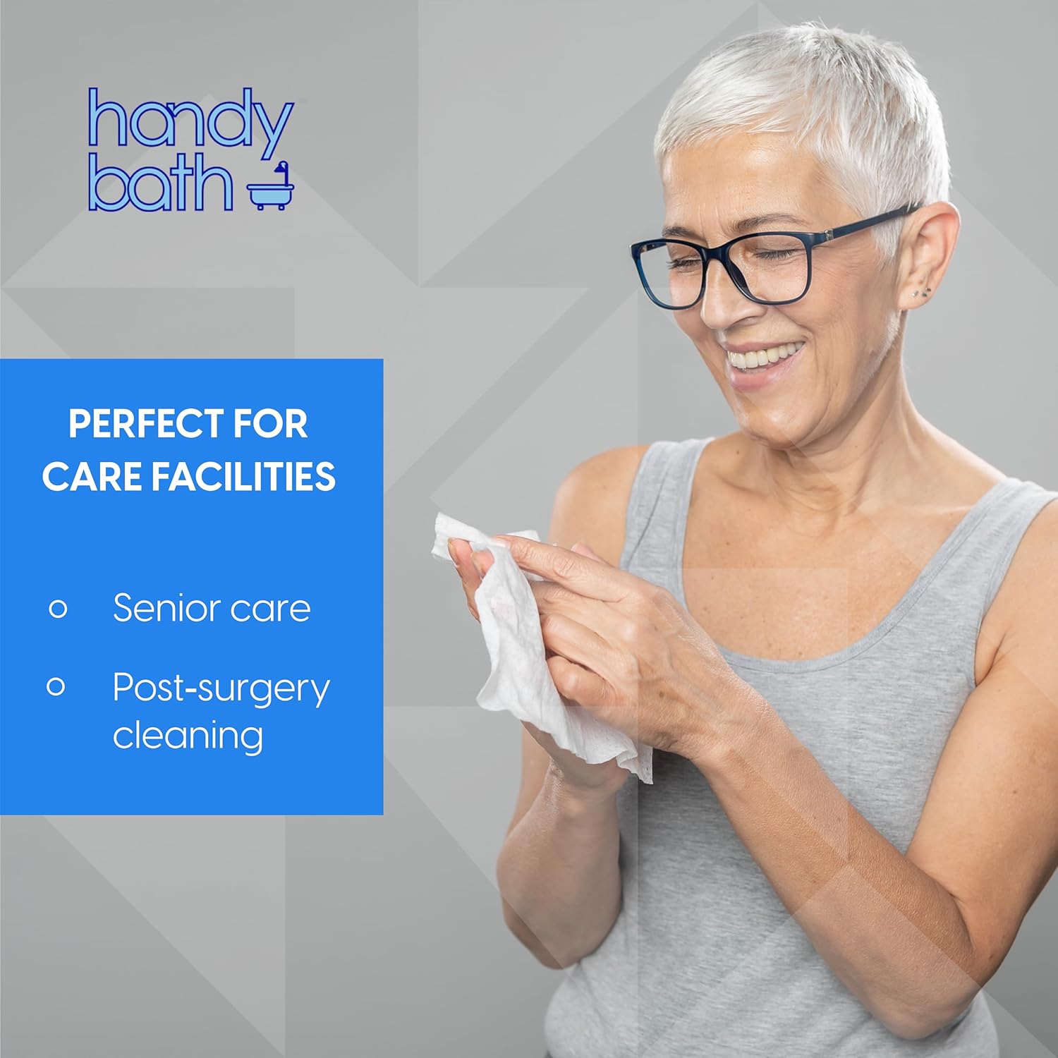 A pouch of Handybath® Adult Washcloths, extra large scented wipes designed for no-rinse cleansing, with product information visible on the packaging.