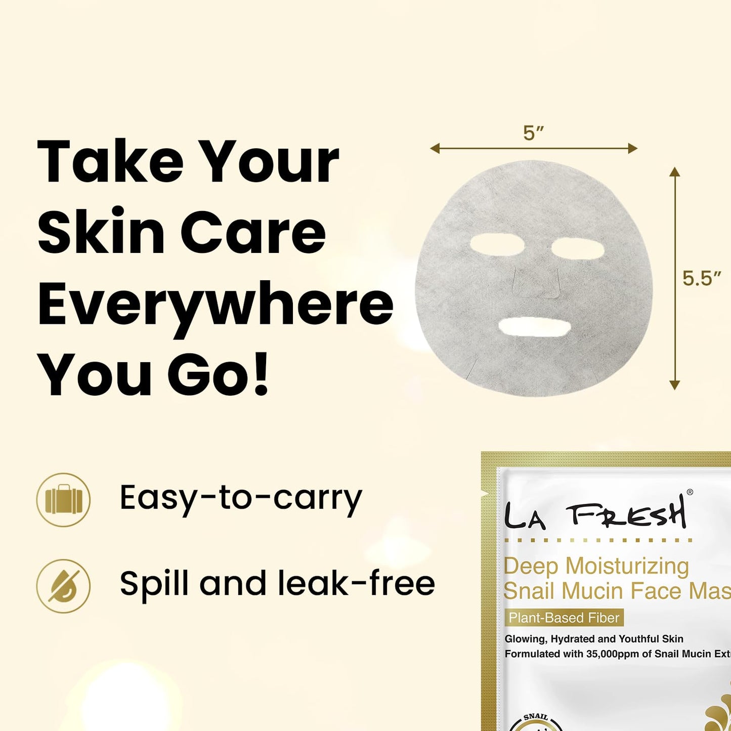 Easy-to-carry LA Fresh snail mucin face mask for travel skincare routines — portable sheet mask pack for on-the-go hydration and glow 