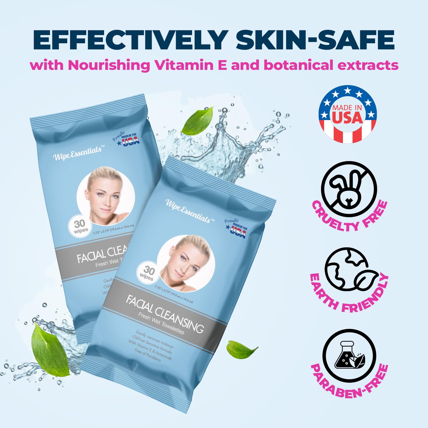 Three pouches of Wipeessentials Oil Free Facial Cleansing Wipes, with a image of a woman on each pouch and text indicating the product is facial cleansing wipes with 30 counts per pouch.