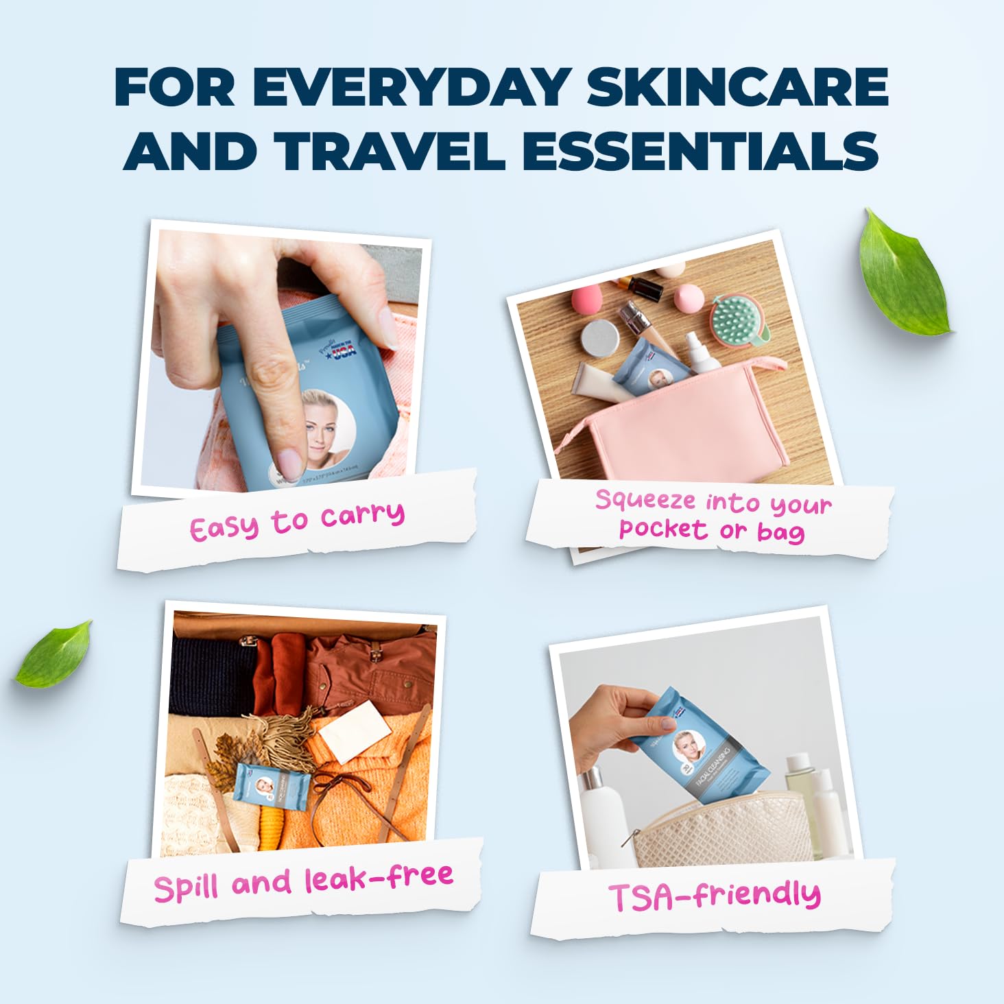 Three pouches of Wipeessentials oil-free facial cleansing wipes — gentle daily face wipes for all skin types 