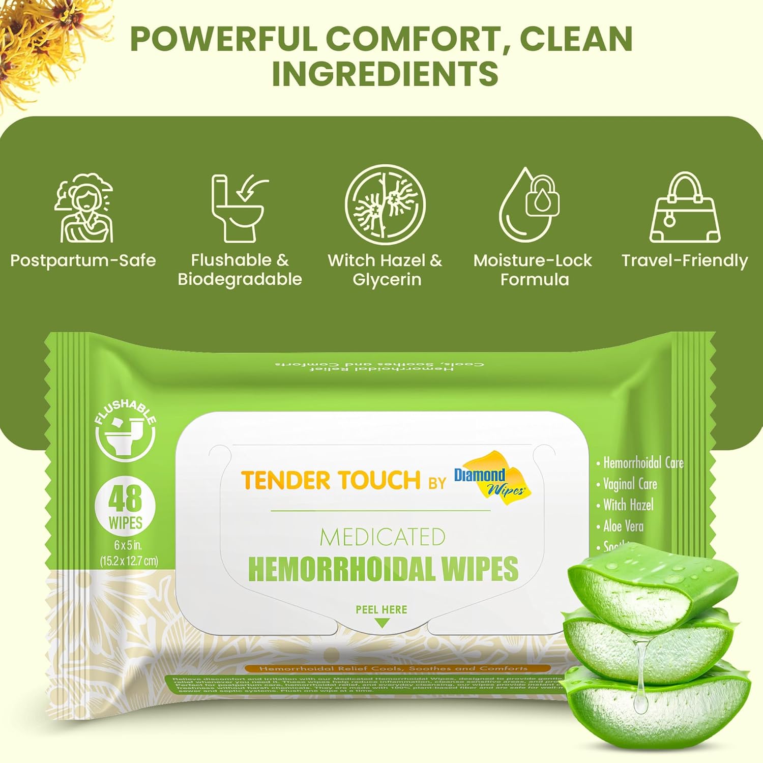 Hemorrhoidal wipes with witch hazel and aloe vera — hypoallergenic biodegradable plant-based fibers, made in USA 