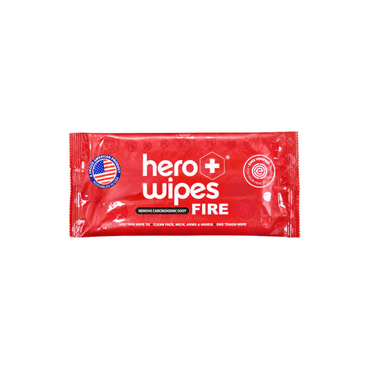 hero Wipes fire decontamination wipes 120-count red case — removes soot ash and carcinogens for firefighters and first responders
