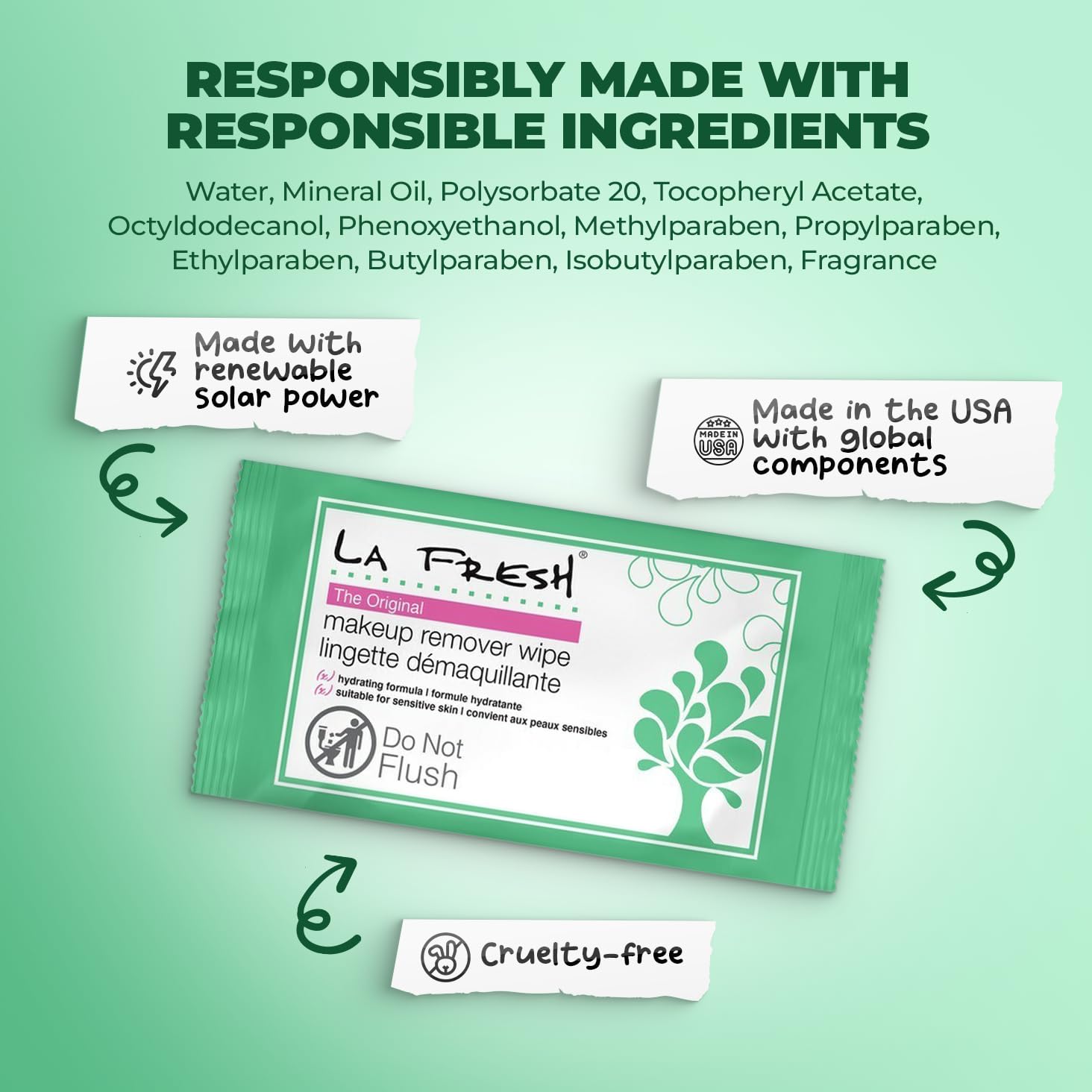 LA Fresh individually wrapped makeup remover wipes
Single use portable makeup remover wipes to put in your travel bag and purse.
Soft lint free makeup remover wipe dissolving waterproof mascara and lip products
TSA Approved makeup remover wipes ready to pack in your suitcase to travel with
Alchohol free makeup remover wipes with Vitamin E for sensitive skin
Bulk case packs of LA Fresh makeup remover wipes available in 50, 200, 600, and 1200 counts. 
Size comparison of pocket sized LA Fresh makeup remover pa