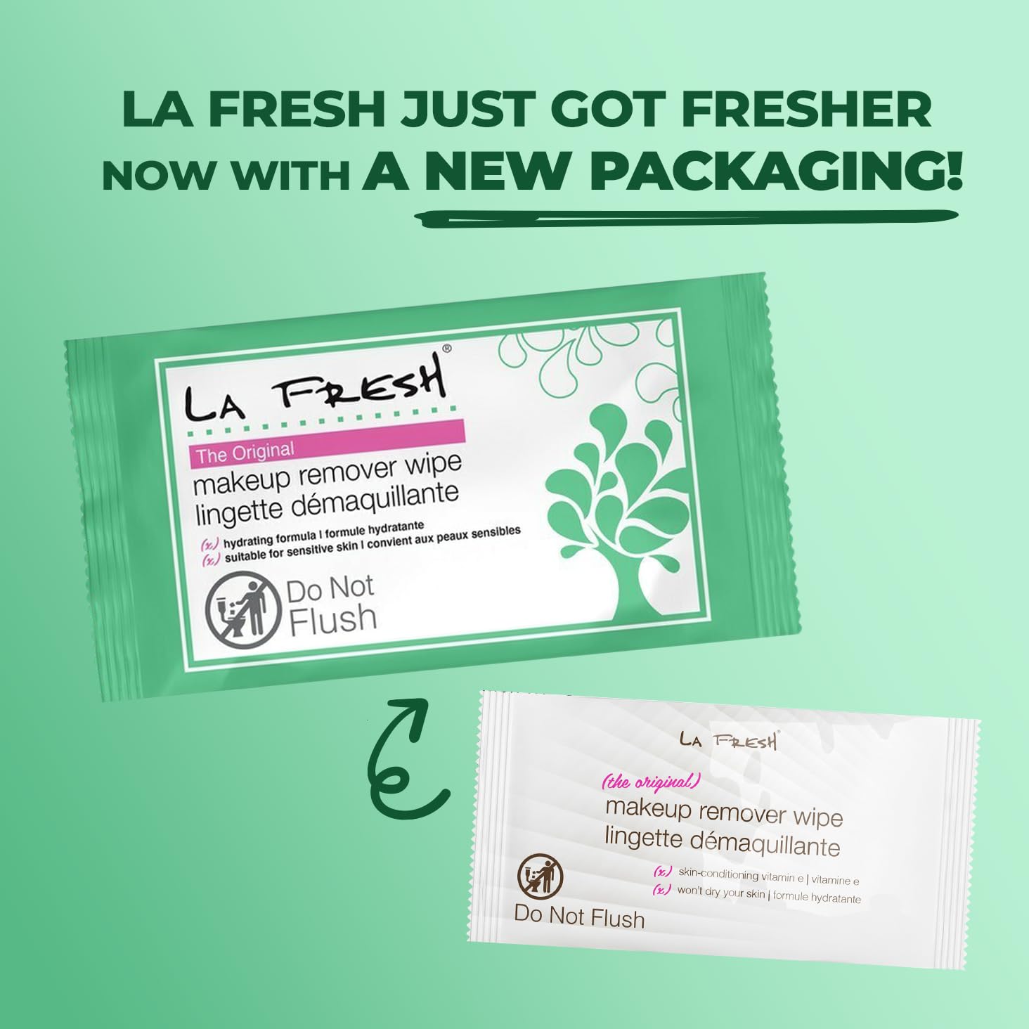 Single-use LA Fresh makeup remover wipe packet next to cosmetics and travel bag — TSA-friendly individually wrapped 