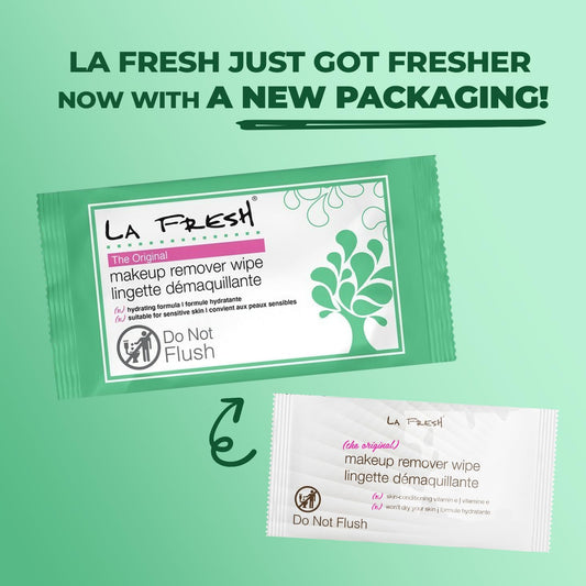 Single-use LA Fresh makeup remover wipe packet next to cosmetics and travel bag — TSA-friendly individually wrapped 
