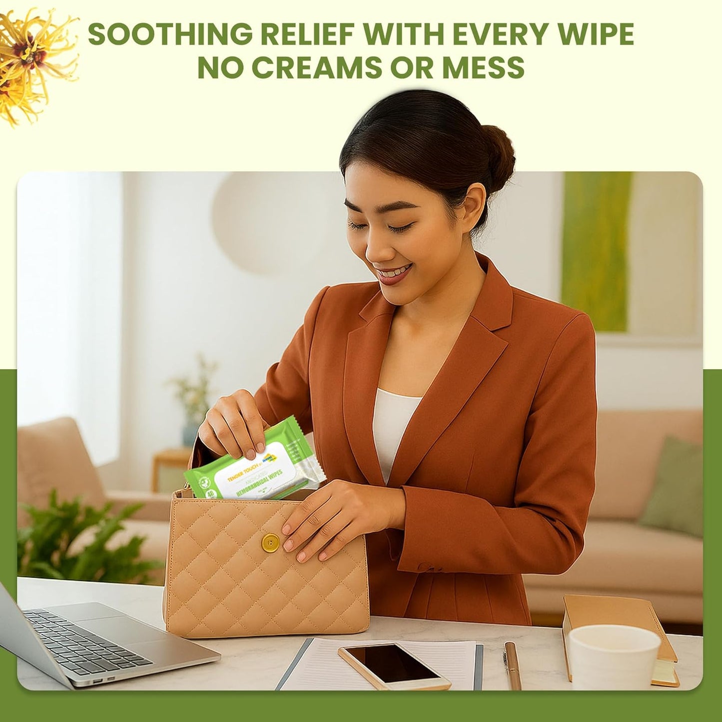 Tender Touch hemorrhoid wipes showing natural soothing benefits — witch hazel and aloe vera formula, dermatologist tested 
