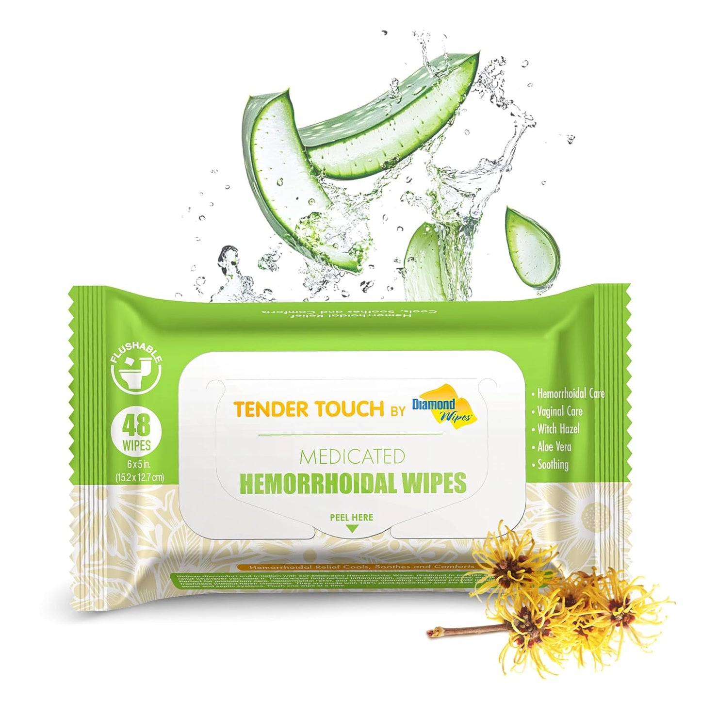 Tender Touch hemorrhoid wipes with witch hazel and aloe — flushable medicated wipes for soothing itch and burn relief 