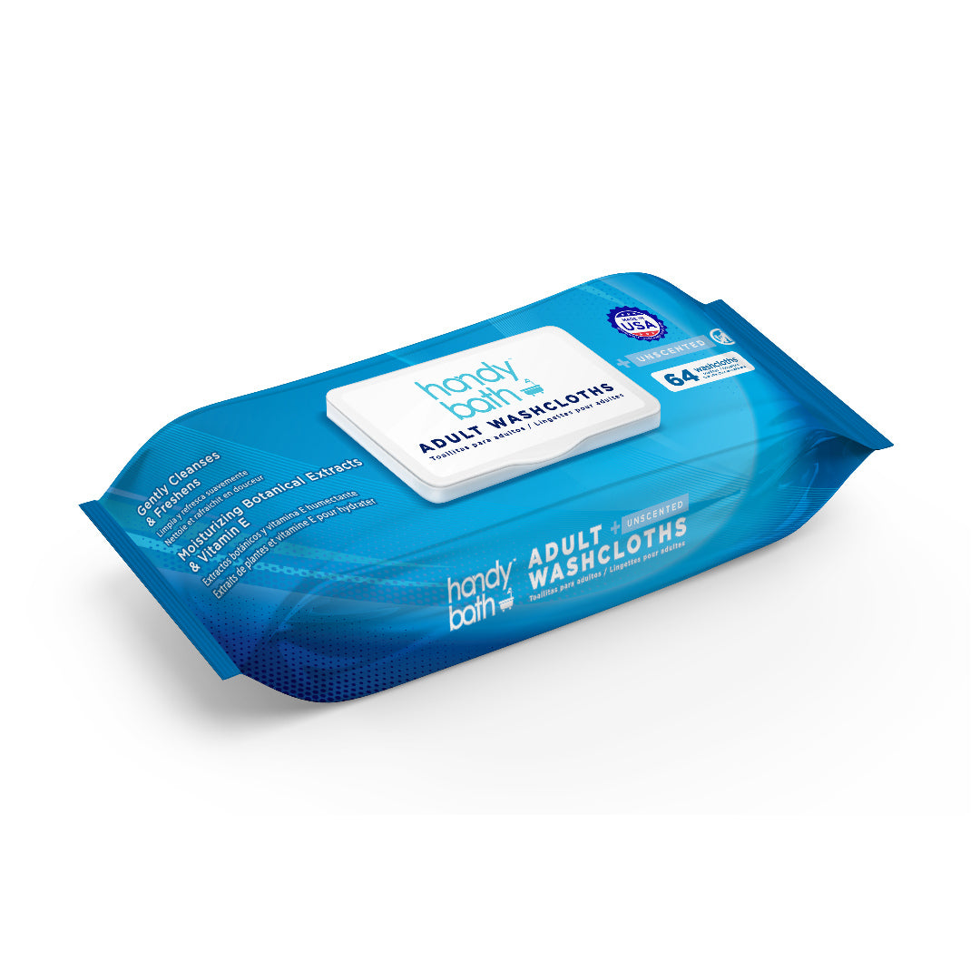 Handybath unscented adult washcloths 64-count pouch — no-rinse bathing wipes for home care and healthcare facilities 