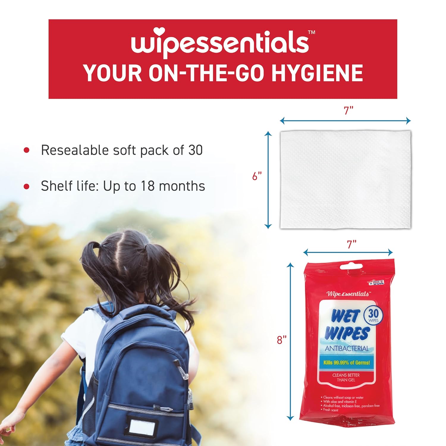 Wipessentials antibacterial wipe pulled from resealable pouch — durable material for hands and hard surfaces