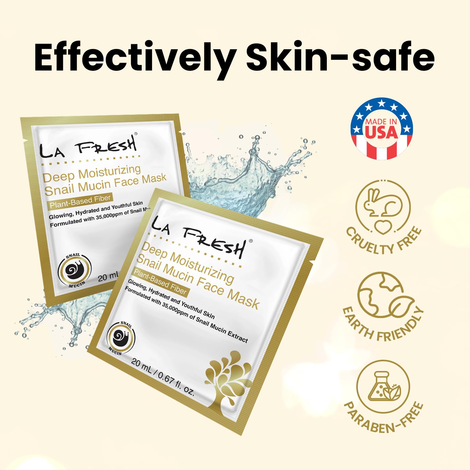 Skin-safe, cruelty-free LA Fresh snail mucin face mask — gentle plant-based sheet mask suitable for all skin types including sensitive skin 