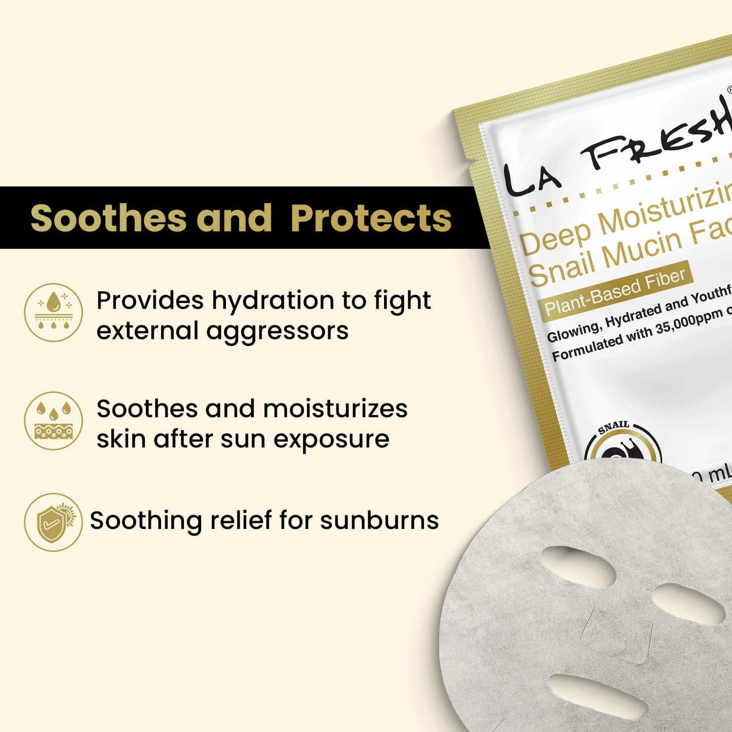 LA Fresh snail mucin deep moisturizing face mask showing serum-soaked sheet mask — promotes even-toned and glowing skin 