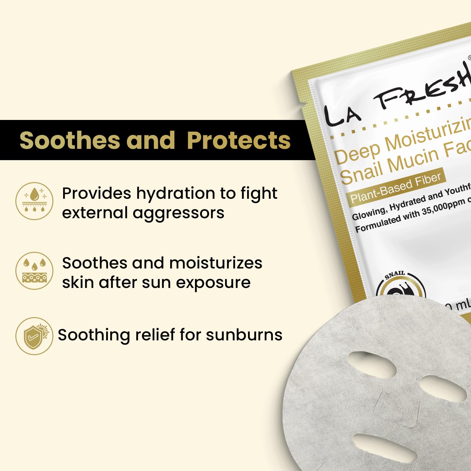 LA Fresh snail mucin deep moisturizing face mask showing serum-soaked sheet mask — promotes even-toned and glowing skin 