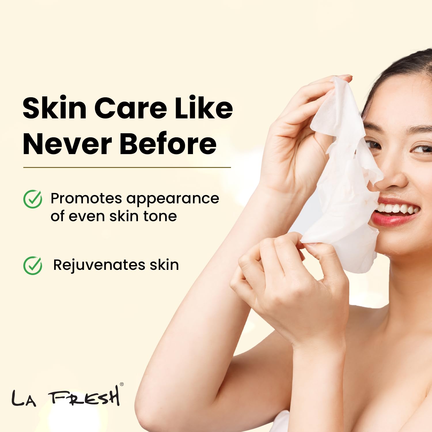 Soft, rejuvenated skin result from LA Fresh snail mucin face mask — visibly plumper, smoother complexion after single-use sheet mask treatment 