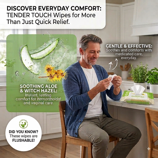Tender Touch Hemorrhoid Wipes with Witch Hazel and Aloe, Flushable Medicated Wipes