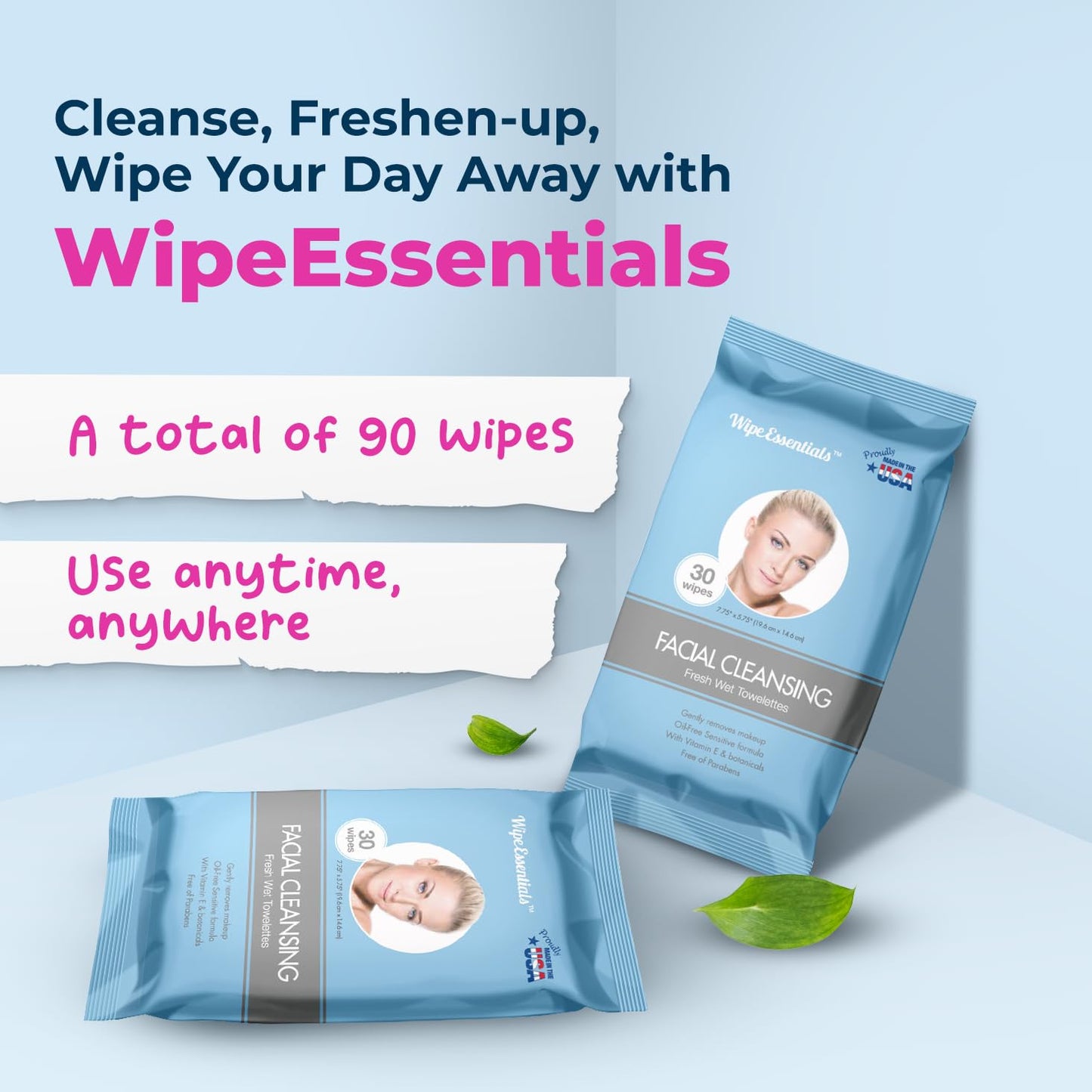 Wipeessentials facial wipe used for daily cleansing — removes makeup and excess oil without clogging pores 
