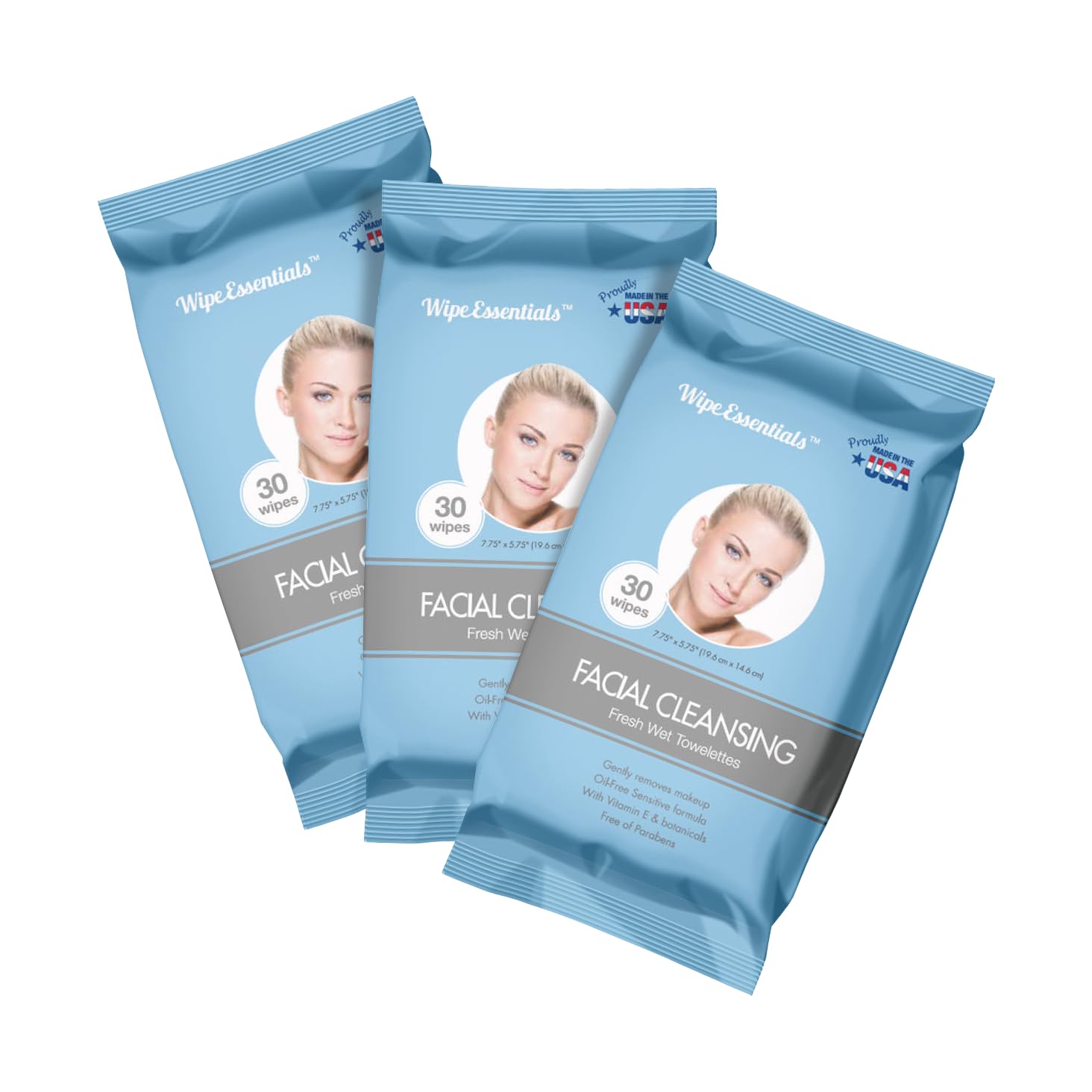 Wipeessentials oil-free facial cleansing wipes 30-count pouch — for oily combination-prone skin, made in USA with Global Components 