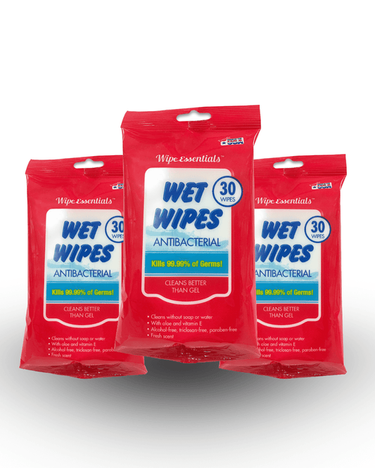Wipessentials antibacterial wipes 30-count resealable pouch — 99.9% effective against common bacteria, made in USA 