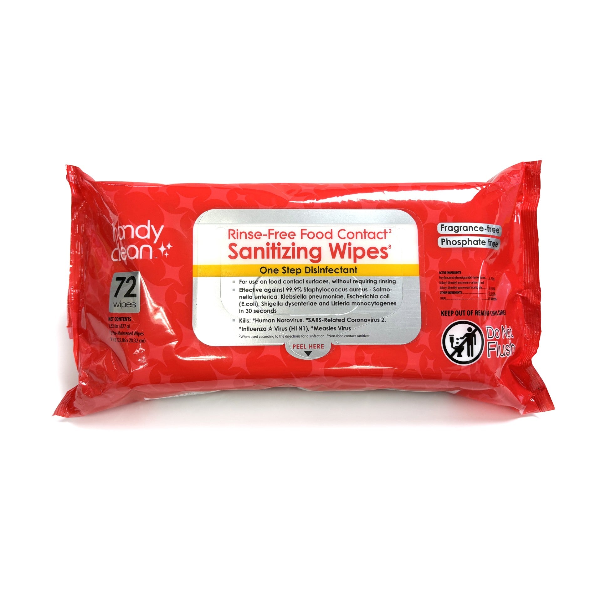 Handyclean rinse-free sanitizing wipes resealable soft pack — EPA-registered, food contact surface safe, made in USA Wipes