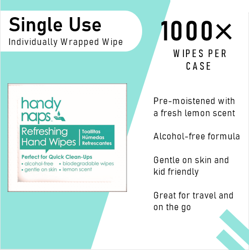 Handynaps lemon-scented moist hand wipe packet — individually wrapped refreshing towelette for tableside restaurant service 