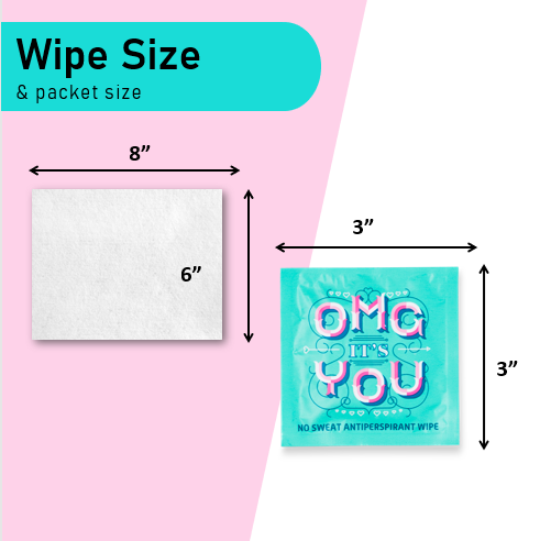 LA Fresh No Sweat wipe packet with OMG IT'S YOU branding — quick-drying no white marks TSA-friendly antiperspirant 