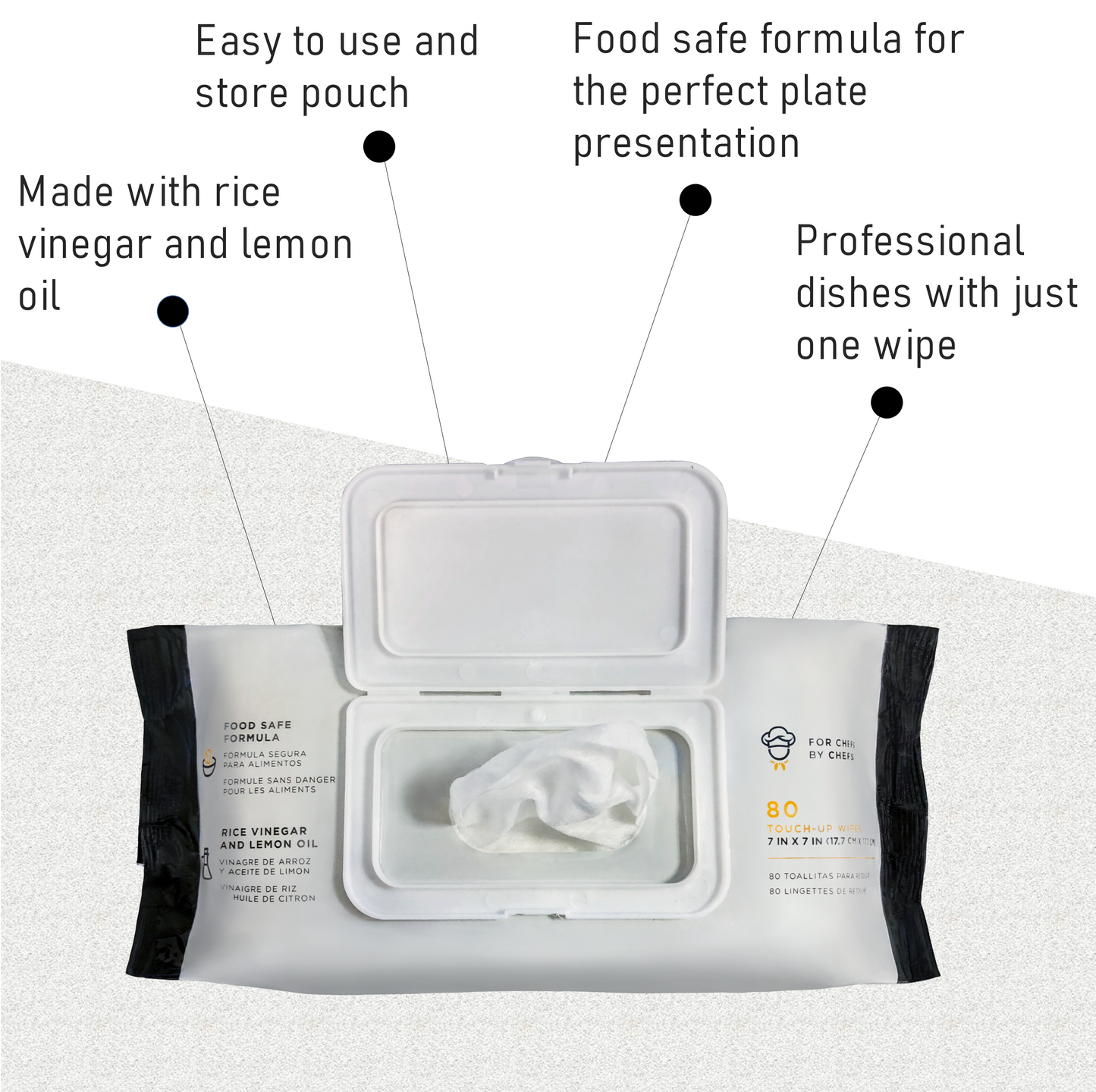 A sealed pouch of Perfect Plate Food Safe Cleaning Wipes with a flip lid, predominantly white in color with black and silver accents, displaying the product name and count (80 wipes).