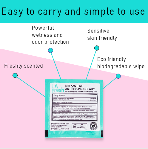 Packaging of LA Fresh No Sweat Antiperspirant Wipes with the text 'OMG IT'S YOU' prominently displayed, indicating a fresh scent and no sweat antiperspirant functionality.
