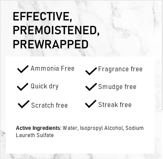 A black packet labeled 'Lens Cleaning Wipes' by LA Fresh. 