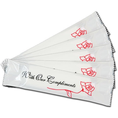 With Our Compliments restaurant moist hand towels — individually wrapped for hot or cold tableside service 