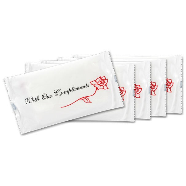 With Our Compliments restaurant moist hand towels — individually wrapped for hot or cold tableside service 